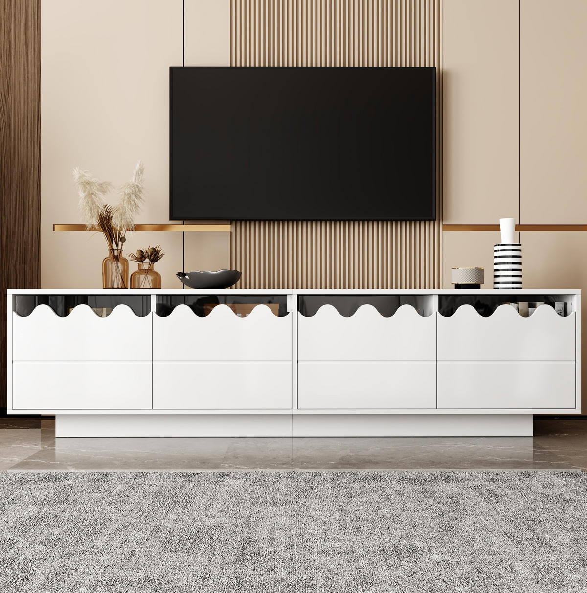 TV ormarić 170/40/45 cm bijeli od MDF-a i iverice s valovitim frontama i 4 vrata - bijela, drvni materijal (170/40/45cm) - OKWISH