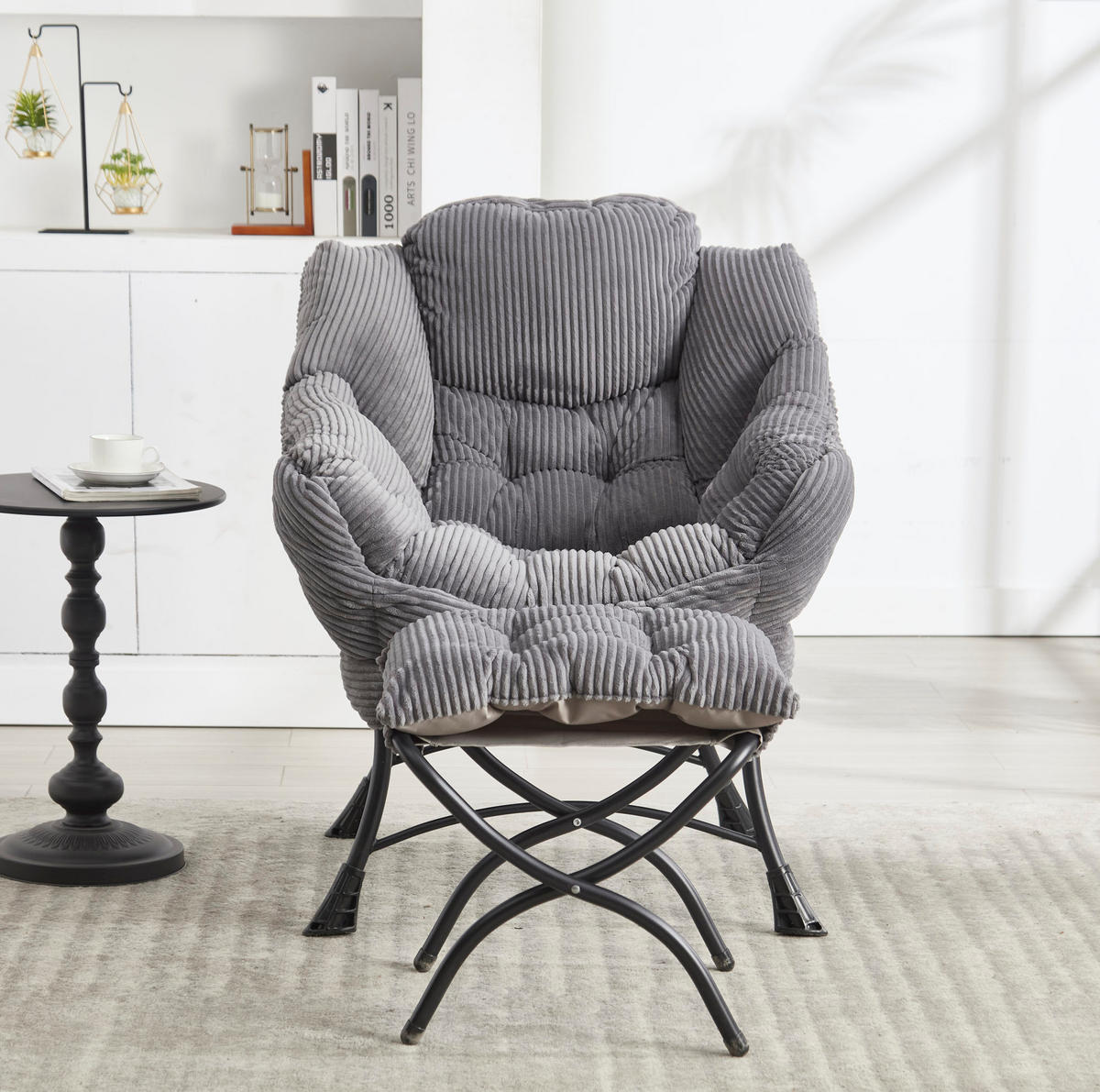 SESSELSET mit Hocker 69,9/64/95 cm in Grau mit Seitenfach und Stahlrahmen - Grau, Textil (69.9/95/64cm) - Flora Grace