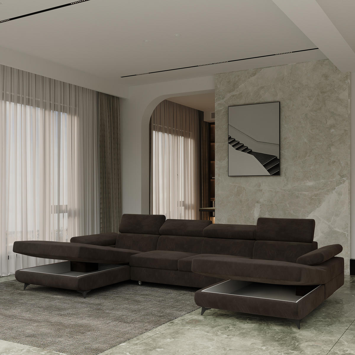 WOHNLANDSCHAFT DETTI Braun Velours-Stoff mit Schlaffunktion - Braun, Holz (339/89/190cm) - MASSENO