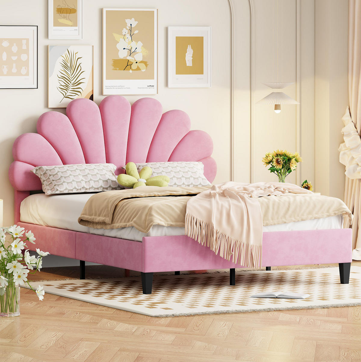 BETT mit Blumenkopfteil und Lattenrost 140x200 cm Samt Pink - Pink, Metall (140/200cm) - Beauniv
