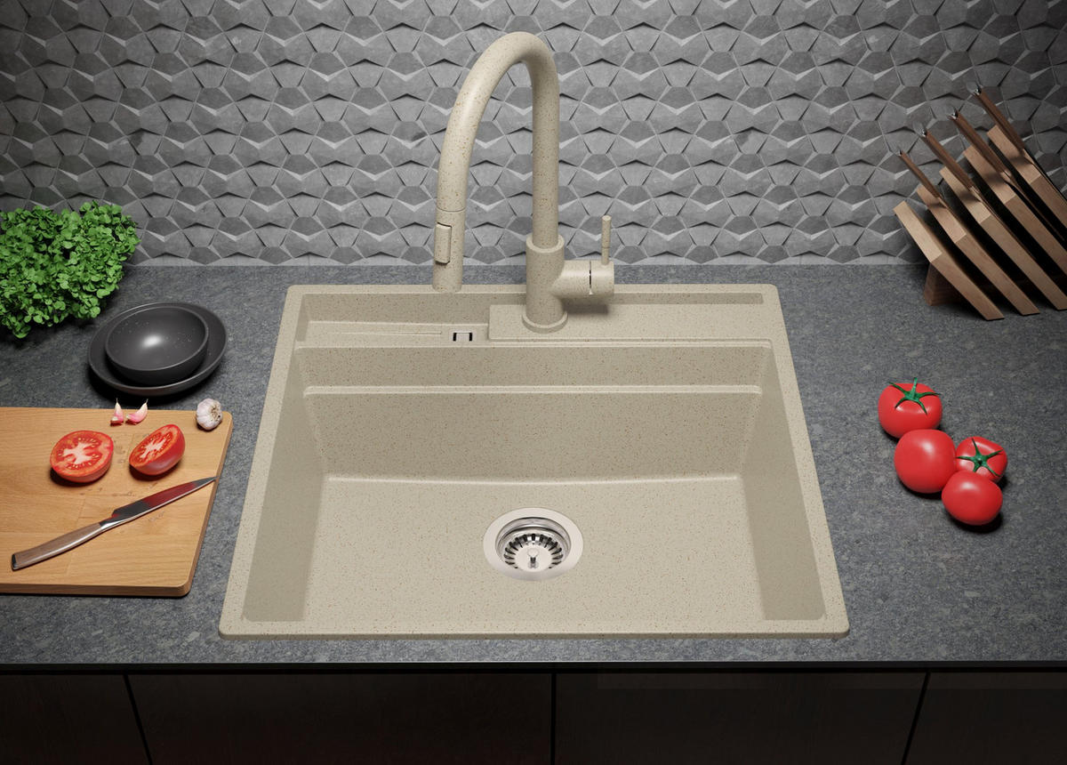 SPÜLBECKEN Oslo Pocket, 2-er set Beige 58/53 cm 1 Becken + Ablauf-Set + Küchenzubehörset ab 60er Unterschrank - Chromfarben/Beige, Kunststoff (58/20/53cm) - Primagran