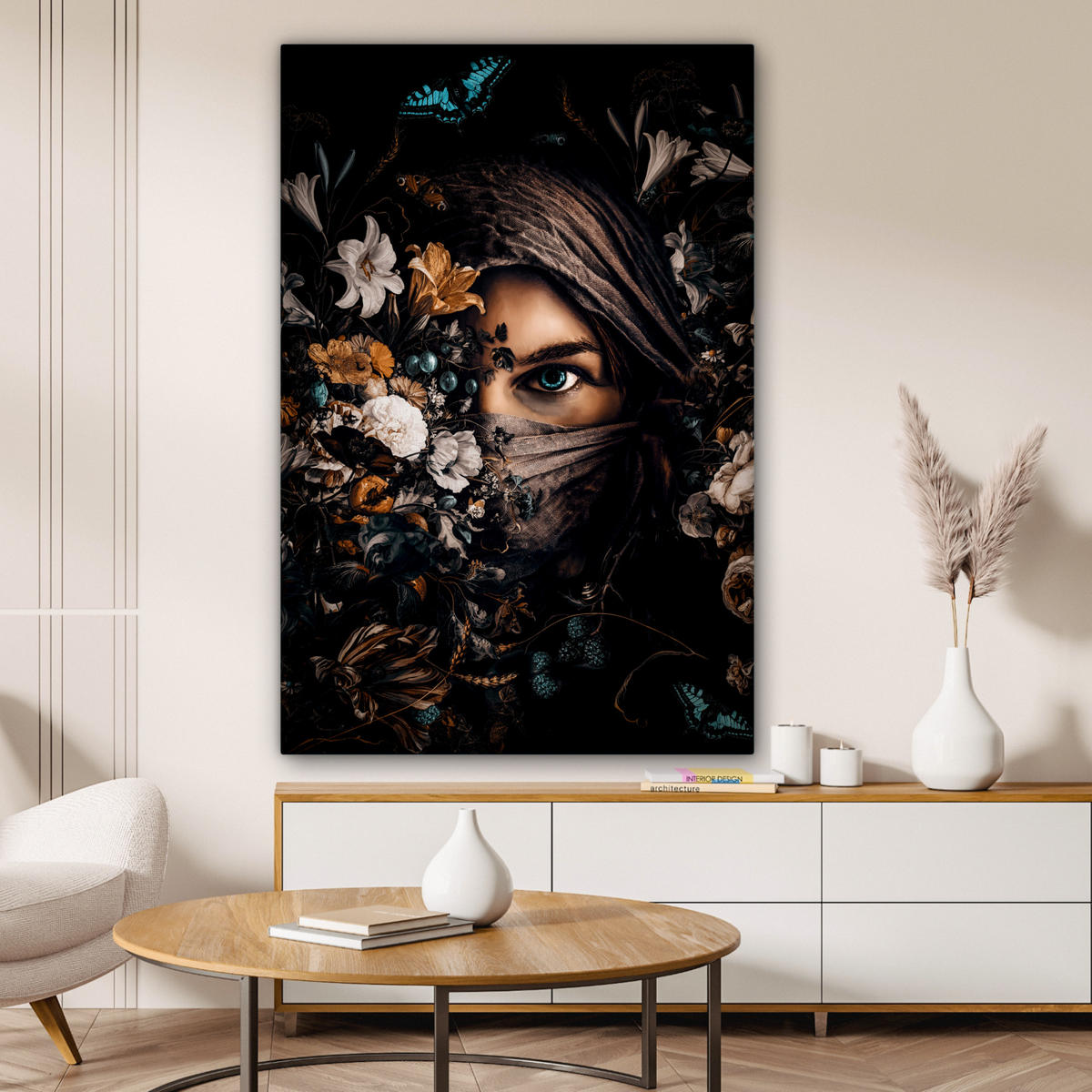 LEINWANDBILD Frau - Luxus - Blumen - Schmetterling - Porträt 90x140 cm - Schwarz, Textil (90/140cm) - MuchoWow