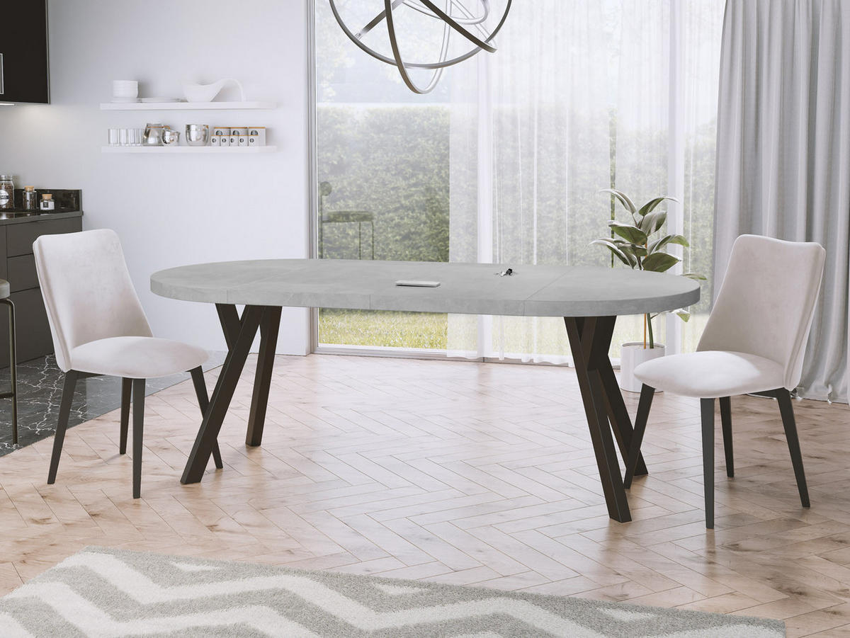 ESSTISCH Twixy runder ausziehbarer, Grauer Beton 90-170/90/76 cm - Hellgrau/Schwarz, Holz/Holzwerkstoff (90/90/76cm) - WFL GROUP