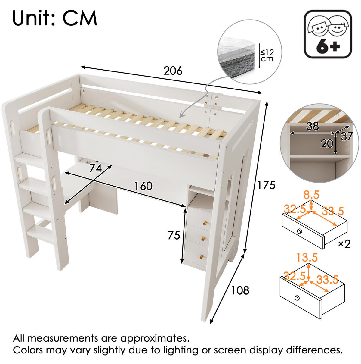 HOCHBETT 90/200 cm in Weiß mit Schreibtisch, Regalen, Schubladen und USB-Ladebereich - Weiß, Holzwerkstoff (90/200cm) - Flora Grace