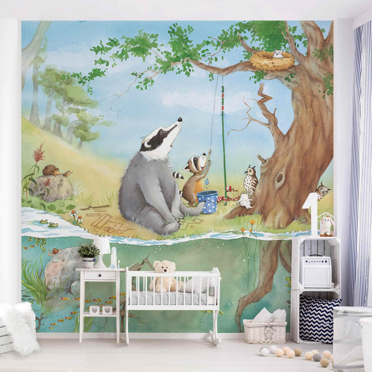 FOTOTAPETE Wassili Waschbär - Ein Fahrstuhl für Elsa 240/240 cm - Türkis, Papier (240/240cm) - Bilderwelten