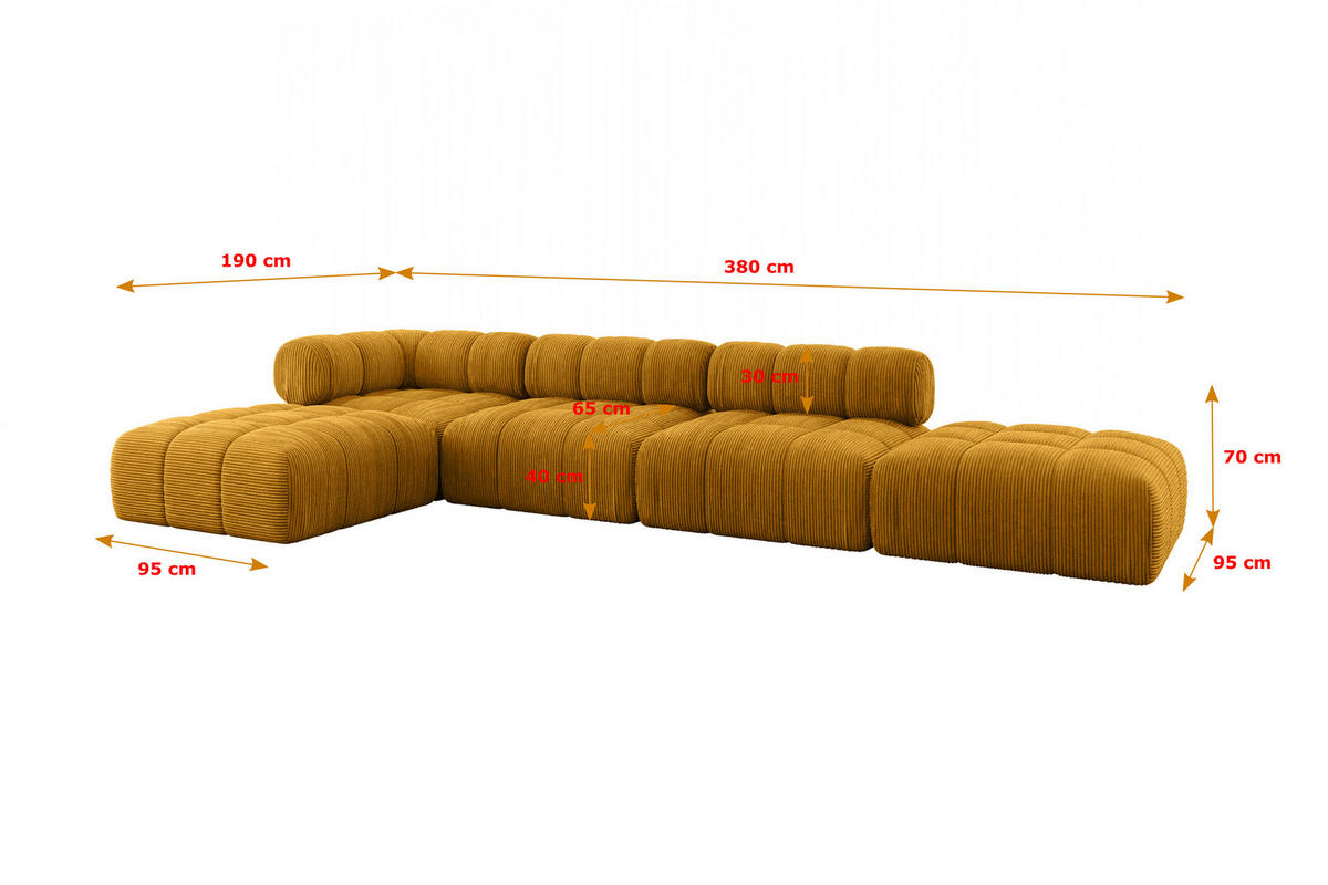 ECKSOFA modulares Sofa Kerru-L2 - 380x190x70 cm Senfgelb Cord - Currygelb, Holzwerkstoff/Textil (380/190cm) - ALTDECOR