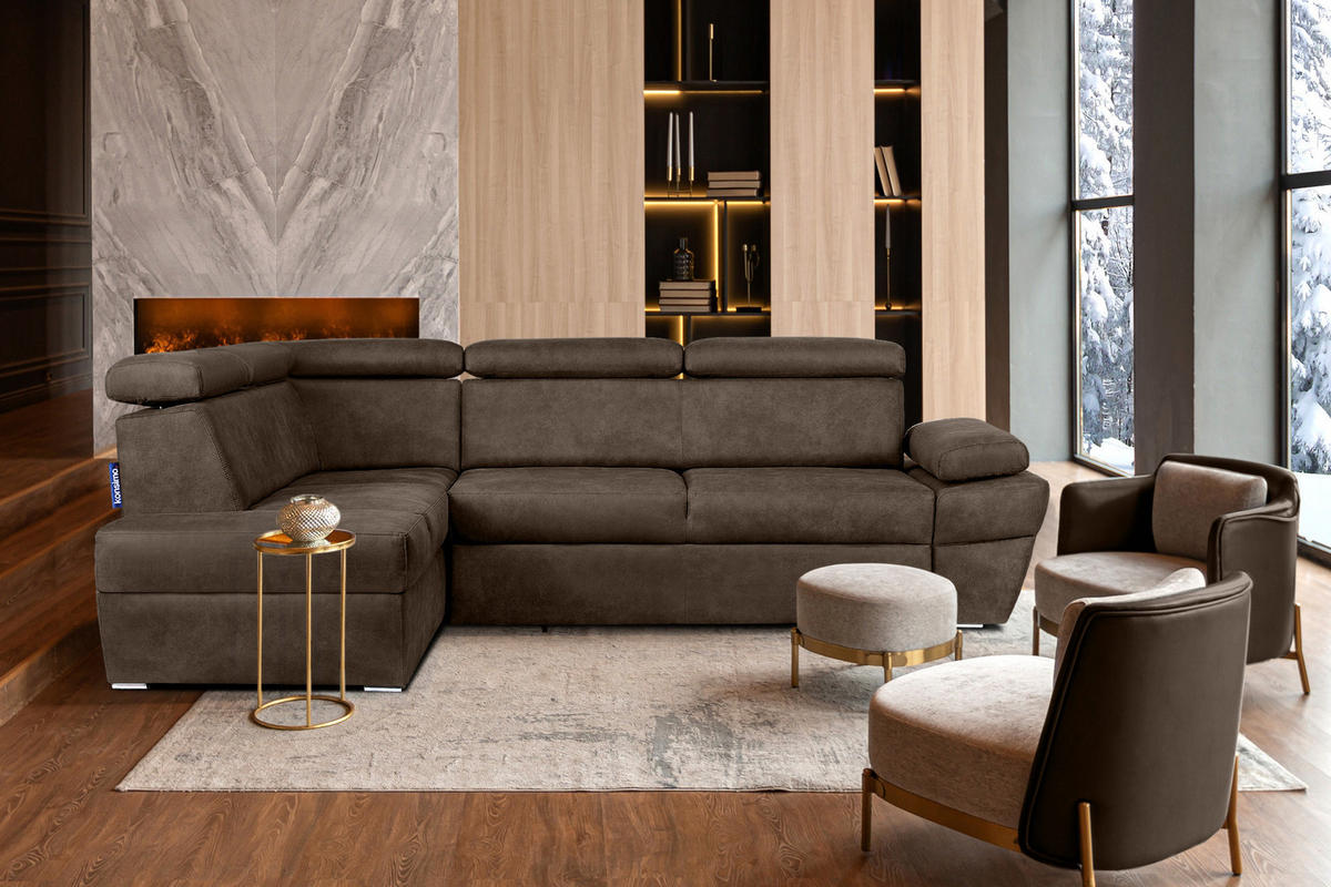 SCHLAFECKSOFA RATLO links 4/5-Sitzer mit Bettkasten in Lederoptik, braun - Silberfarben/Braun, Textil (270/190cm) - KONSIMO®