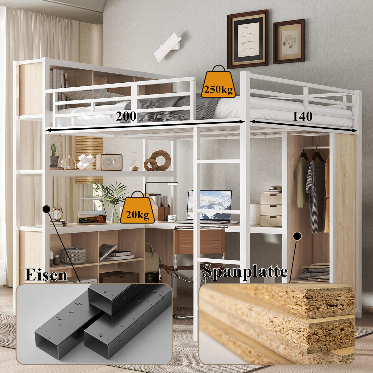 HOCHBETT 140x200 cm Schrank weiß - Weiß, Metall (140/200cm) - Fortuna Lai