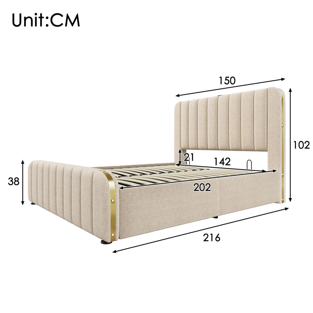 POLSTERBETT 140/200 cm Beige mit Stauraum und USB- und Type-C-Anschlüssen - Beige, Textil (140/200cm) - Flora Grace