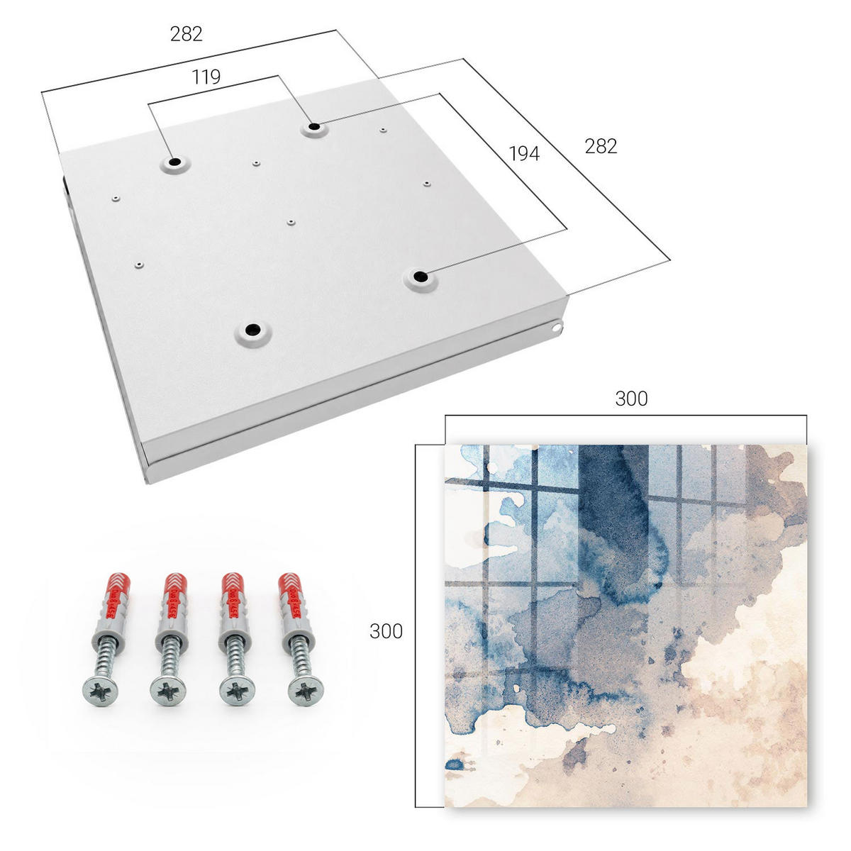 SCHLÜSSELBOX Weiß 30x30 cm – Türöffnung nach rechts - Wasserfarbenflecken - Blau, Metall (30/30/5cm) - TULUP