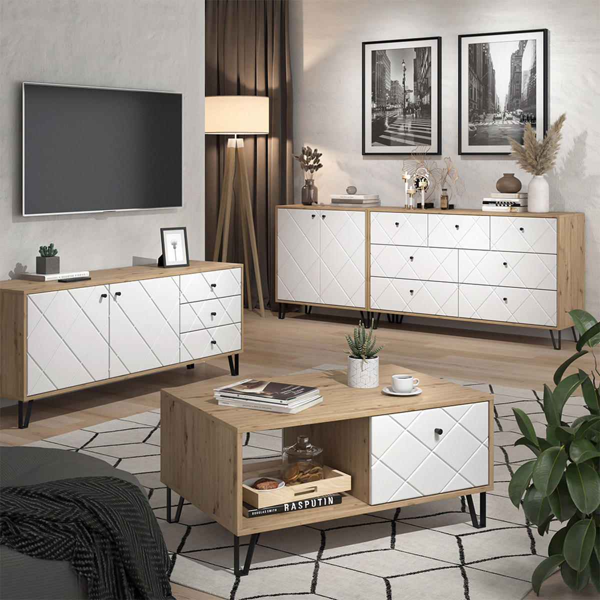 NACHTTISCH Nizza Artisan/Weiß 2er Set - Eiche Artisan/Weiß, Holzwerkstoff (66/60.2/36cm) - Vicco