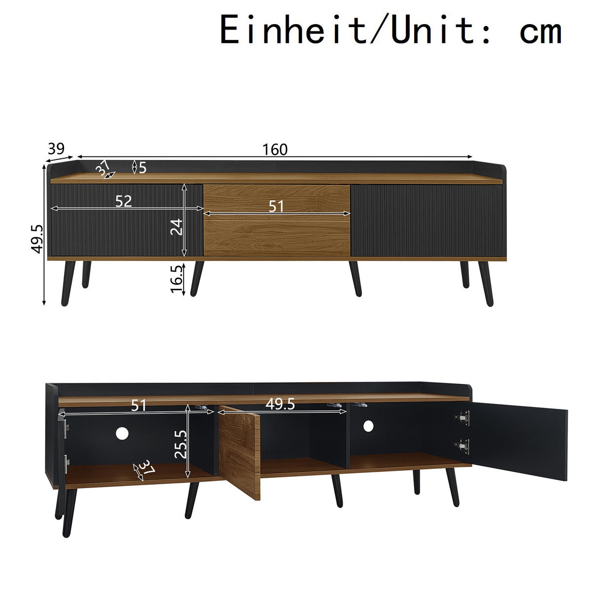 TV-LOWBOARD 160/39/49,5 cm mit 3 Türen in Schwarz/Natur - Schwarz, Holzwerkstoff (160/49.5/39cm) - BEAOK