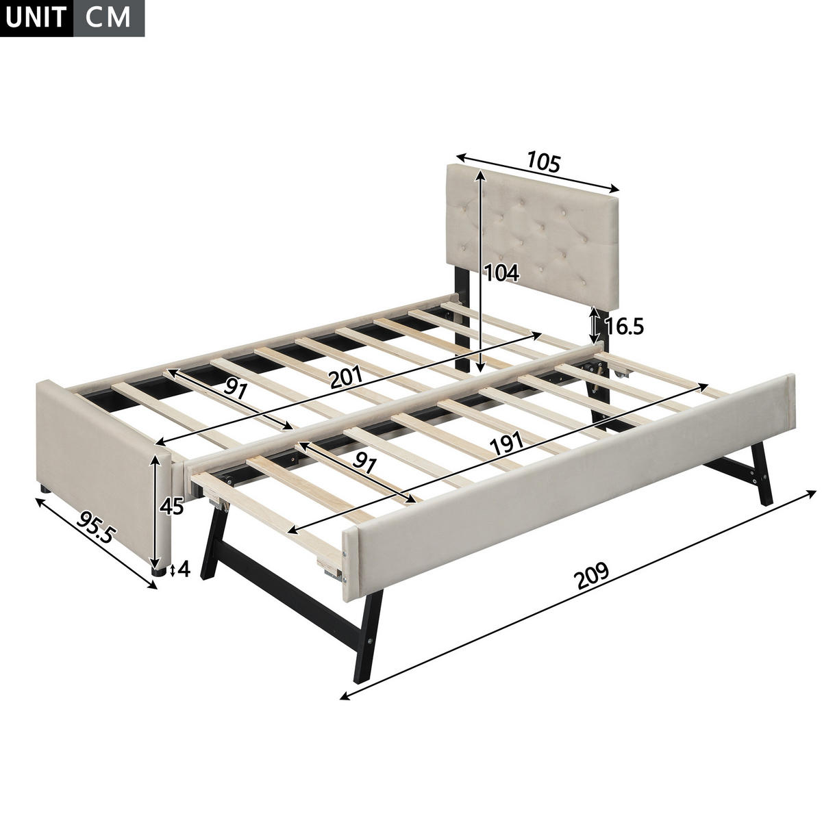 SAMT-POLSTERBETT 90/200 cm mit Rollbett und gepolstertem Kopfteil - Beige, Textil (90/200cm) - BEAOK