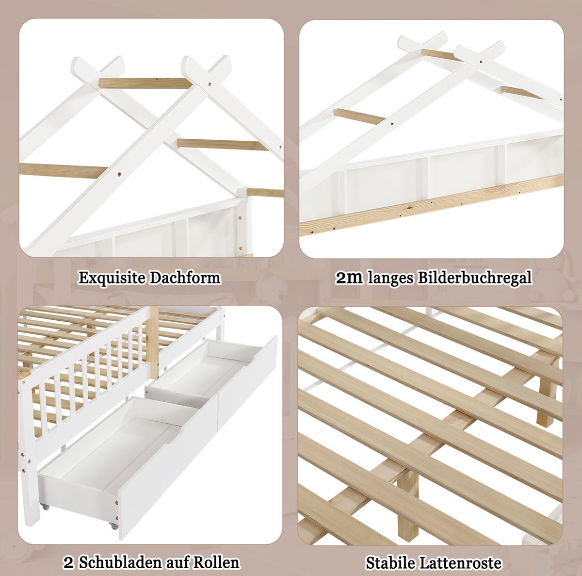 KINDERBETT 140/200 cm Weiß/Natur mit Dach, Fallschutz und 2 Schubladen - Weiß, Holz (140/200cm) - MIVRAY