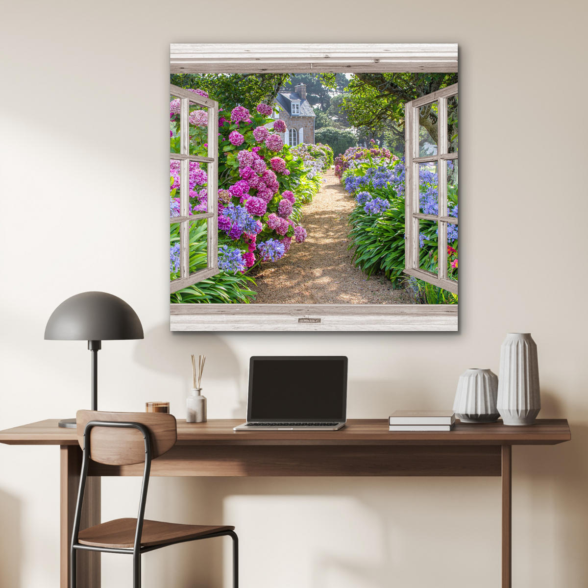 KOVOVÝ OBRAZ Hortenzie - Priehľadné - Kvety - Leto - Fialová - Cesta 90x90 cm - lila, kov (90/90cm) - MuchoWow