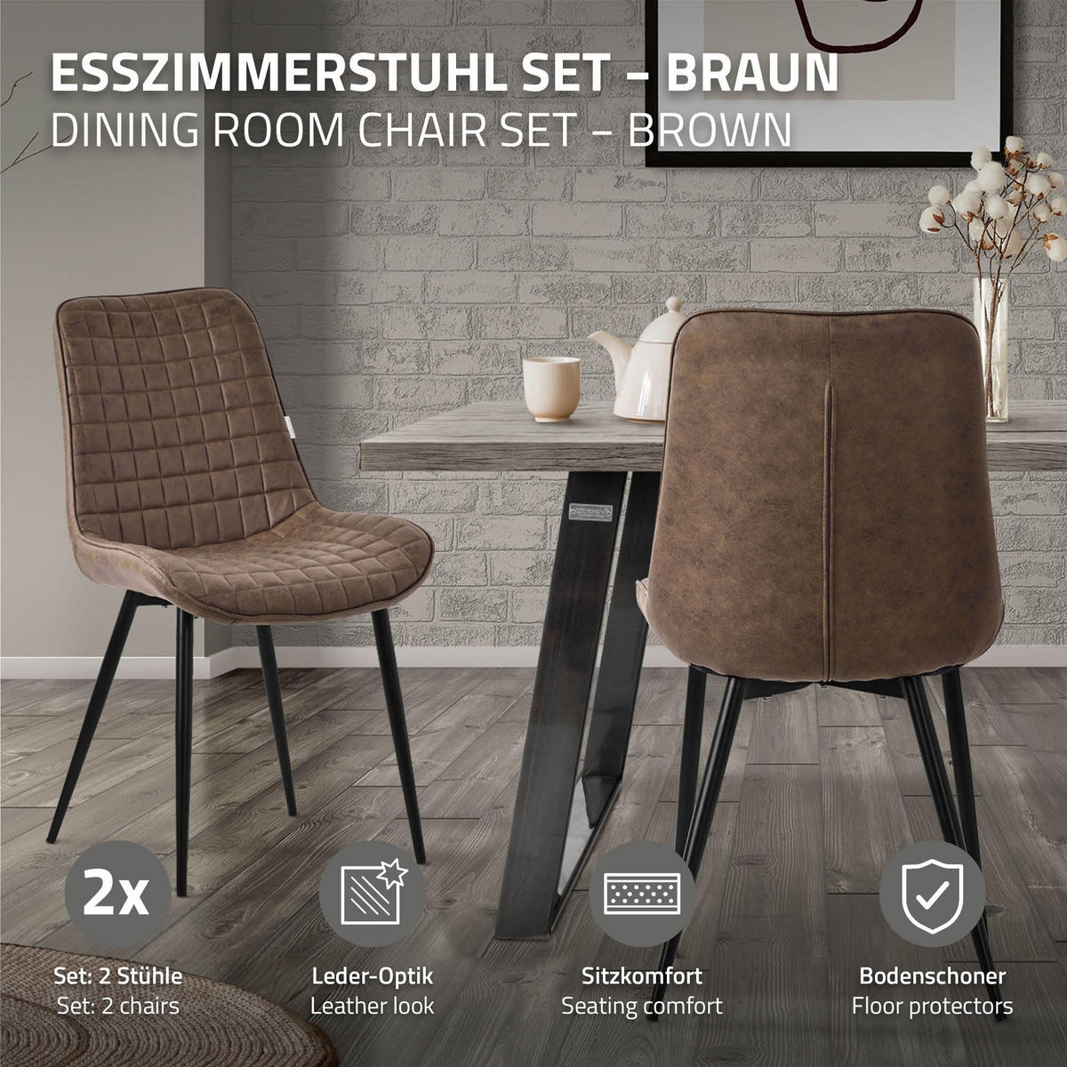 ESSZIMMERSTÜHLE 2ER-SET Braun Kunstleder - Dunkelbraun/Schwarz, Metall (52/89/60cm) - ML-DESIGN