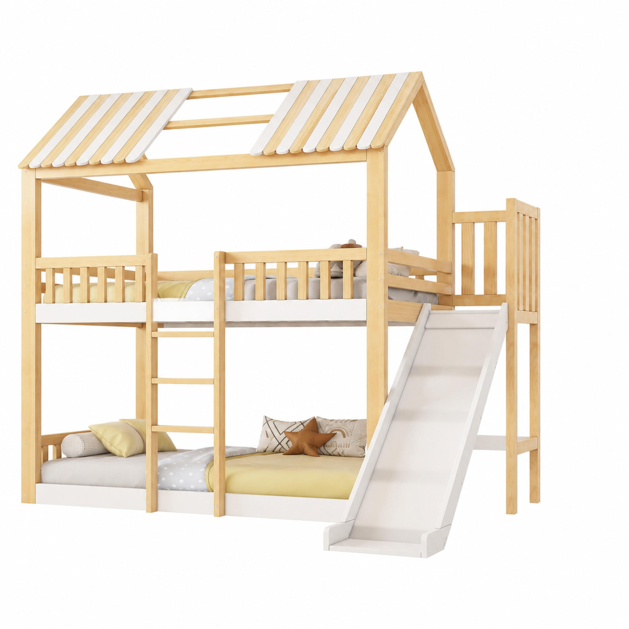 ETAGENBETT mit Regal und Rutsche 90x200 cm Holz White/Natural 2 Liegeflächen - Weiß, Holz (90/200cm) - Meubliv