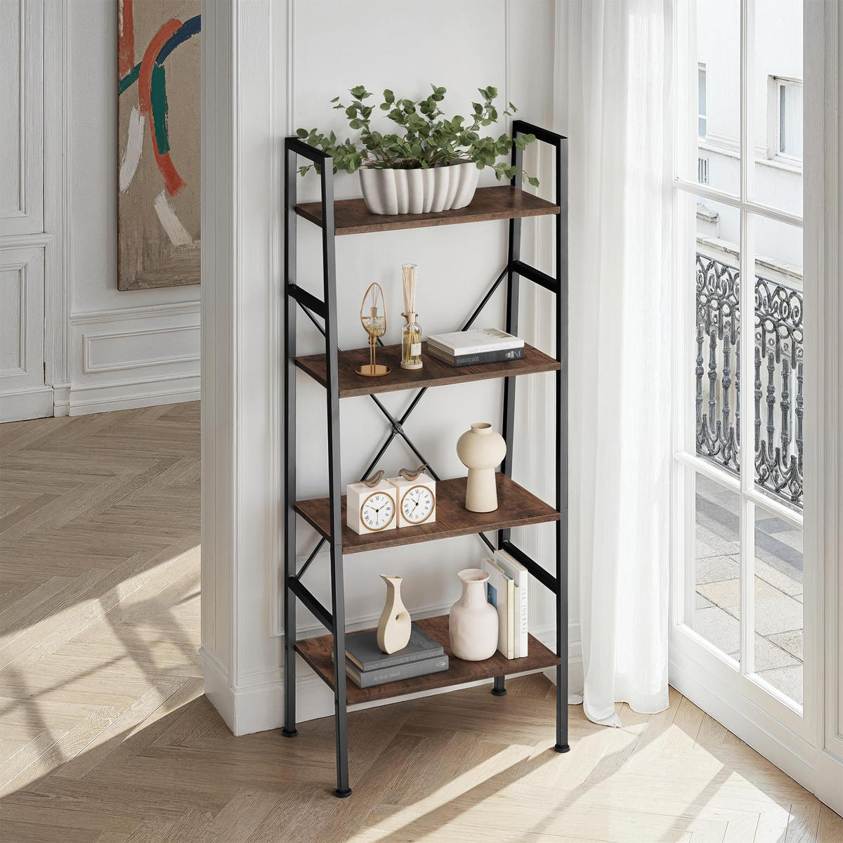 LEITERREGAL Newcastle,inklusive Kippschutz, 57,5 x 35,5 x 139 cm,Industrial Holz dunkel, rustikal - Rostfarben, Holz (35.5/139/57.5cm) - tectake