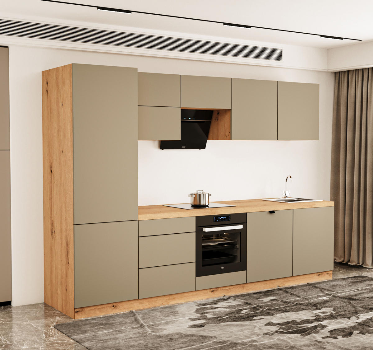KÜCHENZEILE 300 cm - Langen KL29-M300 - in Beige/Matt - Beige, Holz (300/212/58cm)
