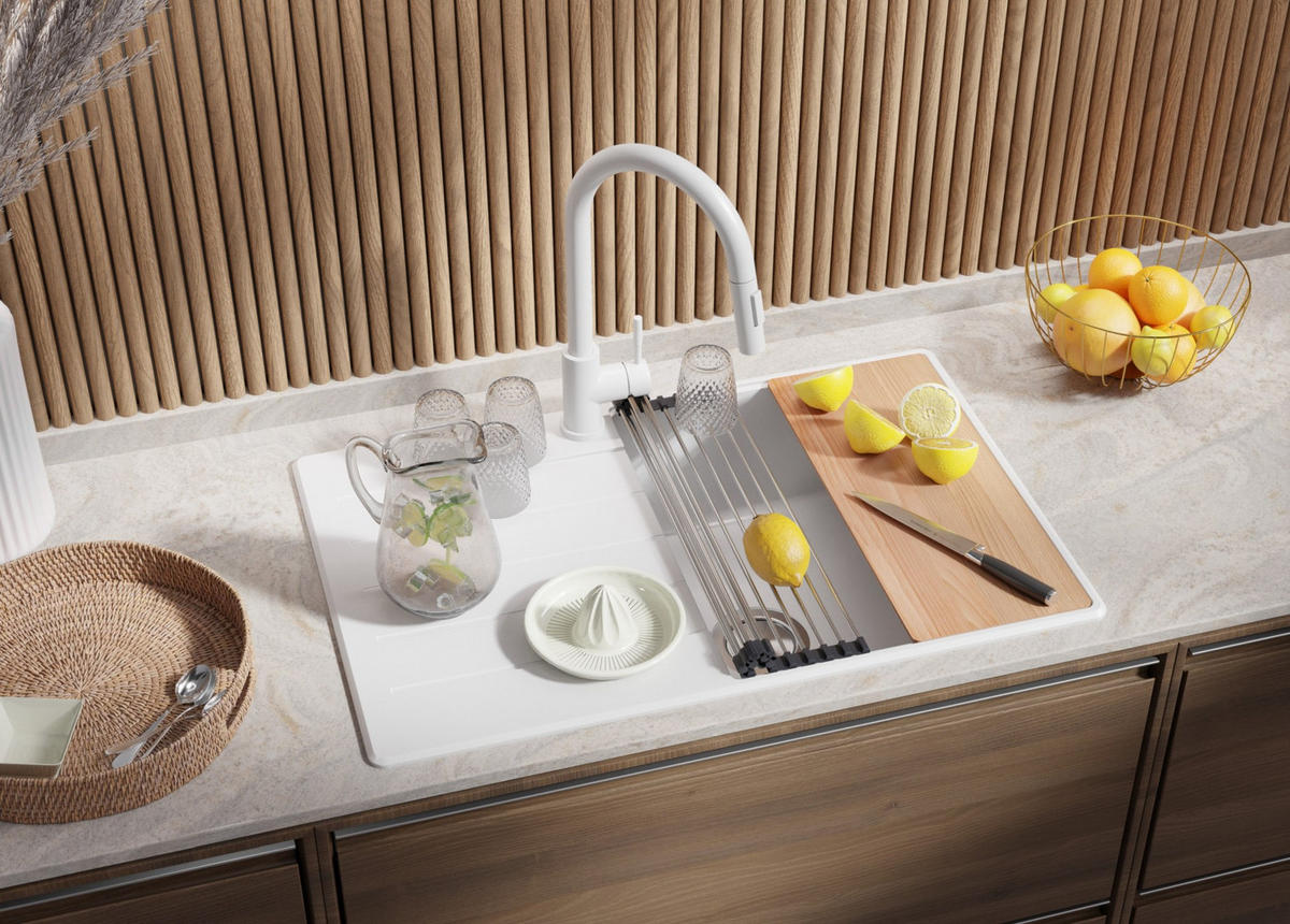 GRANITSPÜLE Kopenhagen, 2-er set Weiß 78/50 cm 1 Becken + Küchenarmatur 40/20 cm + Ablauf-Set + Schneidebrett ab 50er Unterschrank - Chromfarben/Beige, Kunststoff (78/20/50cm) - Primagran