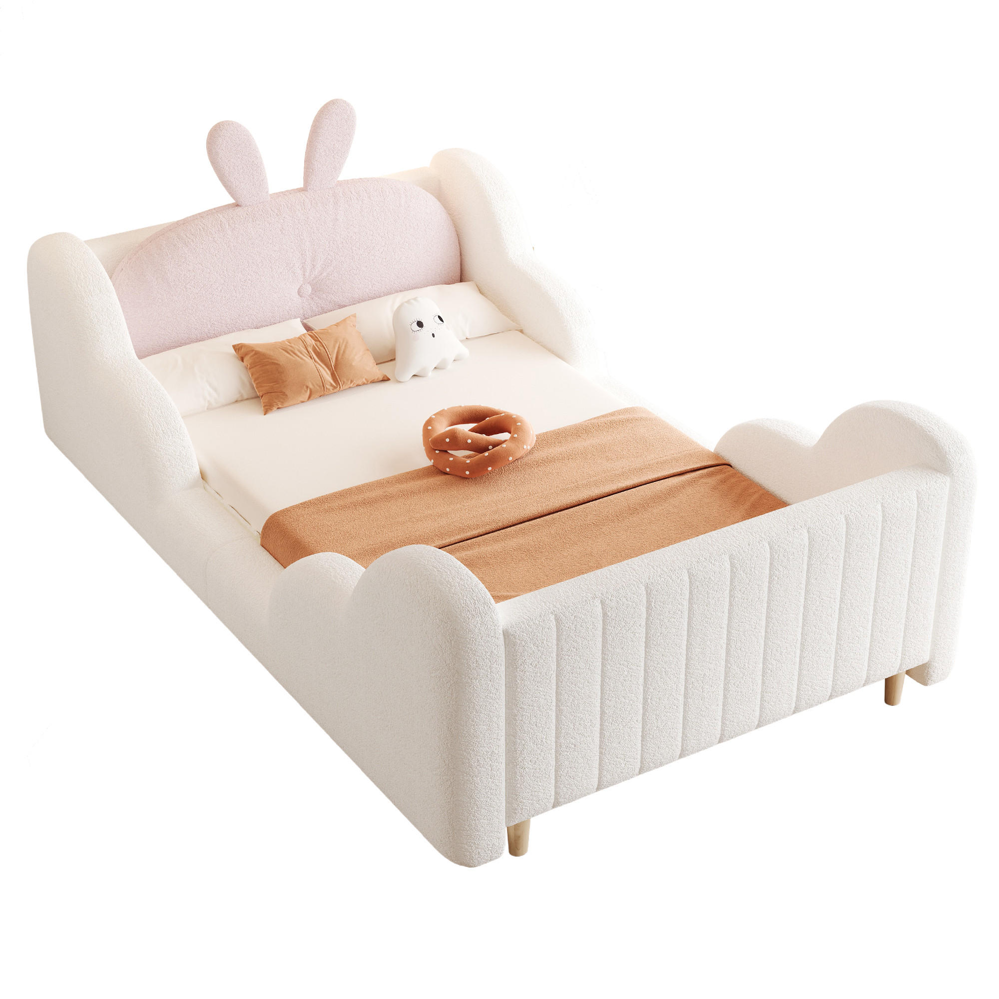 KINDERBETT 90/200 cm in Weiß Teddyplüsch mit Hasenkissen und Wolkenleisten - Weiß, Holzwerkstoff/Textil (90/200cm) - WISHDOR