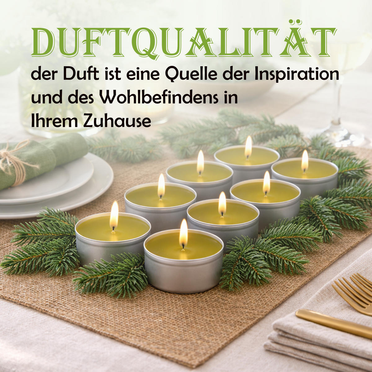 TEELICHT mit Duft - Pinie - 54er Pack - Olivgrün, Naturmaterialien (4/1.5/4cm) - HS Candle
