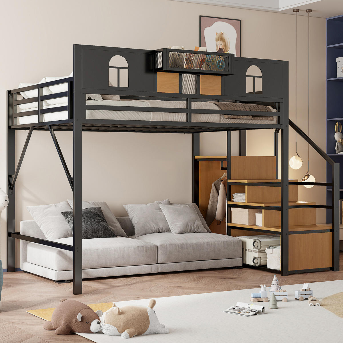 HOCHBETT 140/200 cm Schwarz aus Metall mit Stauraumleiter - Schwarz, Metall (140/200cm) - OKMYHOME