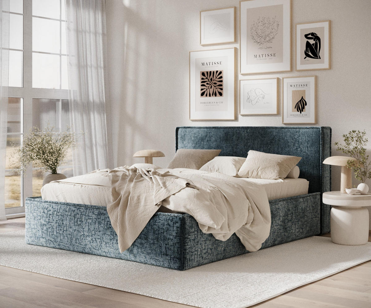 POLSTERBETT Lounge Blau 140/200 cm im Chenille-Stoff - Blau/Naturfarben, Holz/Holzwerkstoff (140/200cm) - Maison de Reve