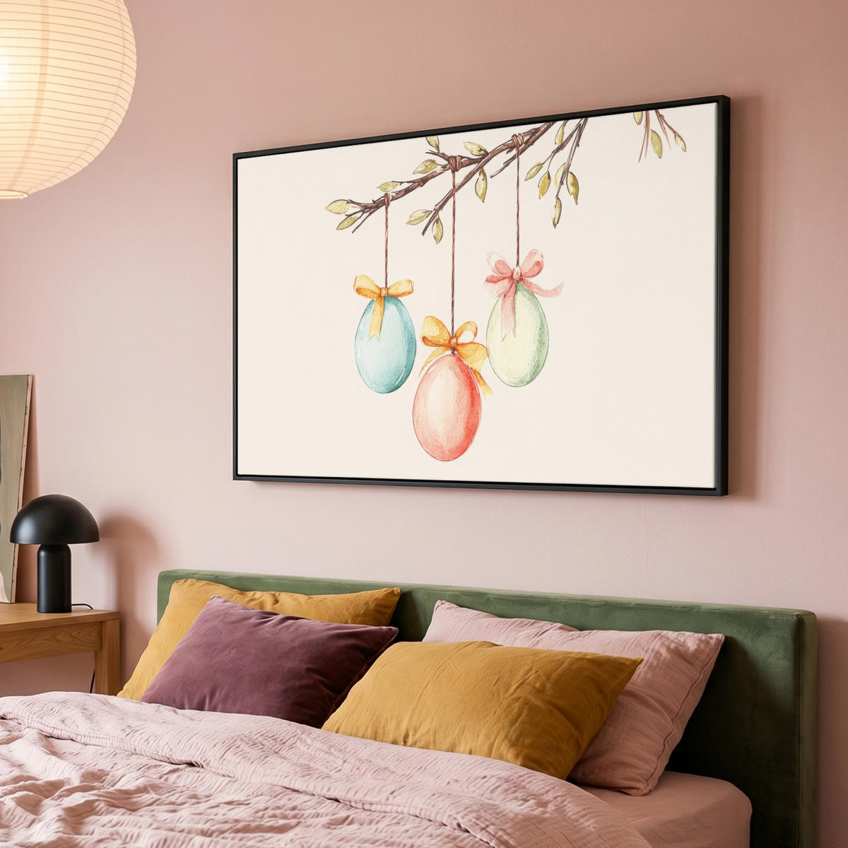 LEINWAND Bilder mit Rahmen - Osterkuchen - Schleife - Eier - 120x80 - Creme, Textil (120/80cm) - MuchoWow