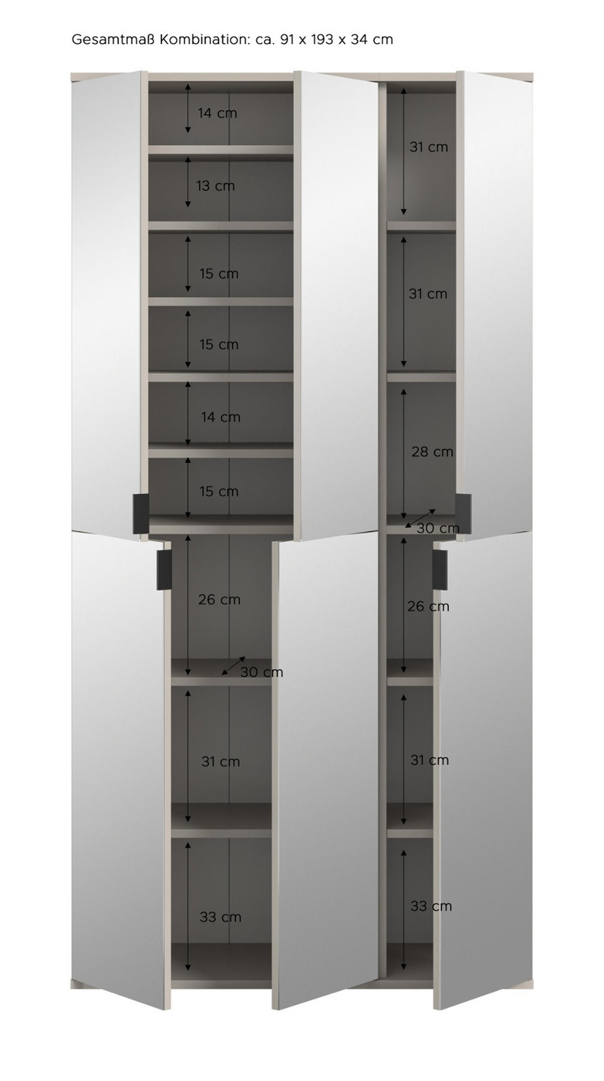 GARDEROBENSCHRANK Kaschmir 91 x 193 cm, Flurschrank mit Spiegel - Kaschmir/Schwarz, Glas/Holzwerkstoff (91/193/34cm) - Inn.Furn