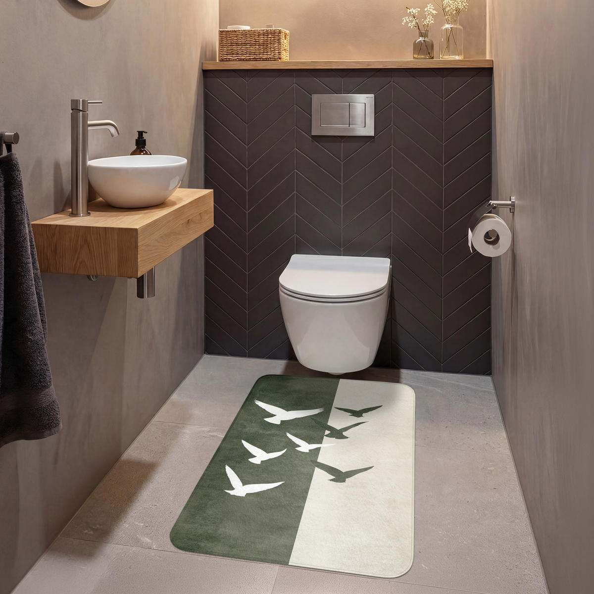 WC PŘEDLOŽKA Japandi - Pták - Zelený 60x90 cm - olivově zelená, textil/plast (60/1cm) - OnlyWow