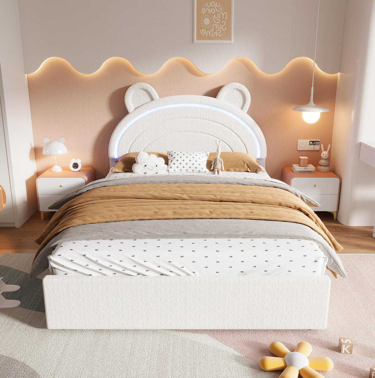 KINDER-POLSTERBETT aus Samt 140x200 cm Beige mit 4 Schubladen, Bären-Kopfteil und App-LED - Beige, Textil (140/200cm) - Modfu