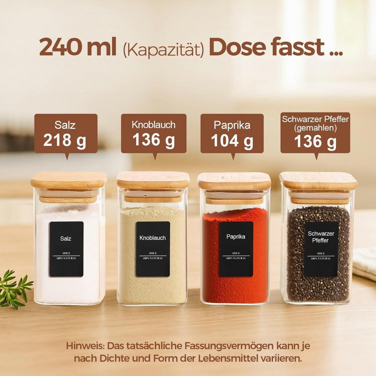 GEWÜRZGLÄSER 12-teiliges Set 240 ml Glas mit Holzdeckel - Multicolor, Glas (6/10.6/6cm)