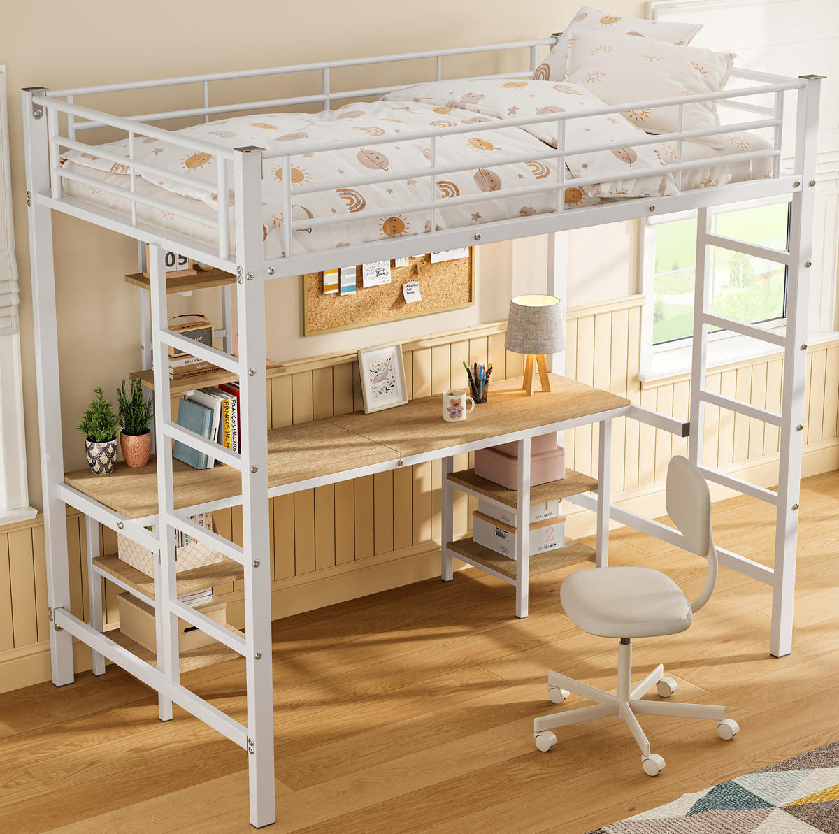 HOCHBETT 90/200 cm aus Metall und MDF mit Schreibtisch und Regalen, Weiß - Weiß, Holzwerkstoff (90/200cm) - Flora Grace