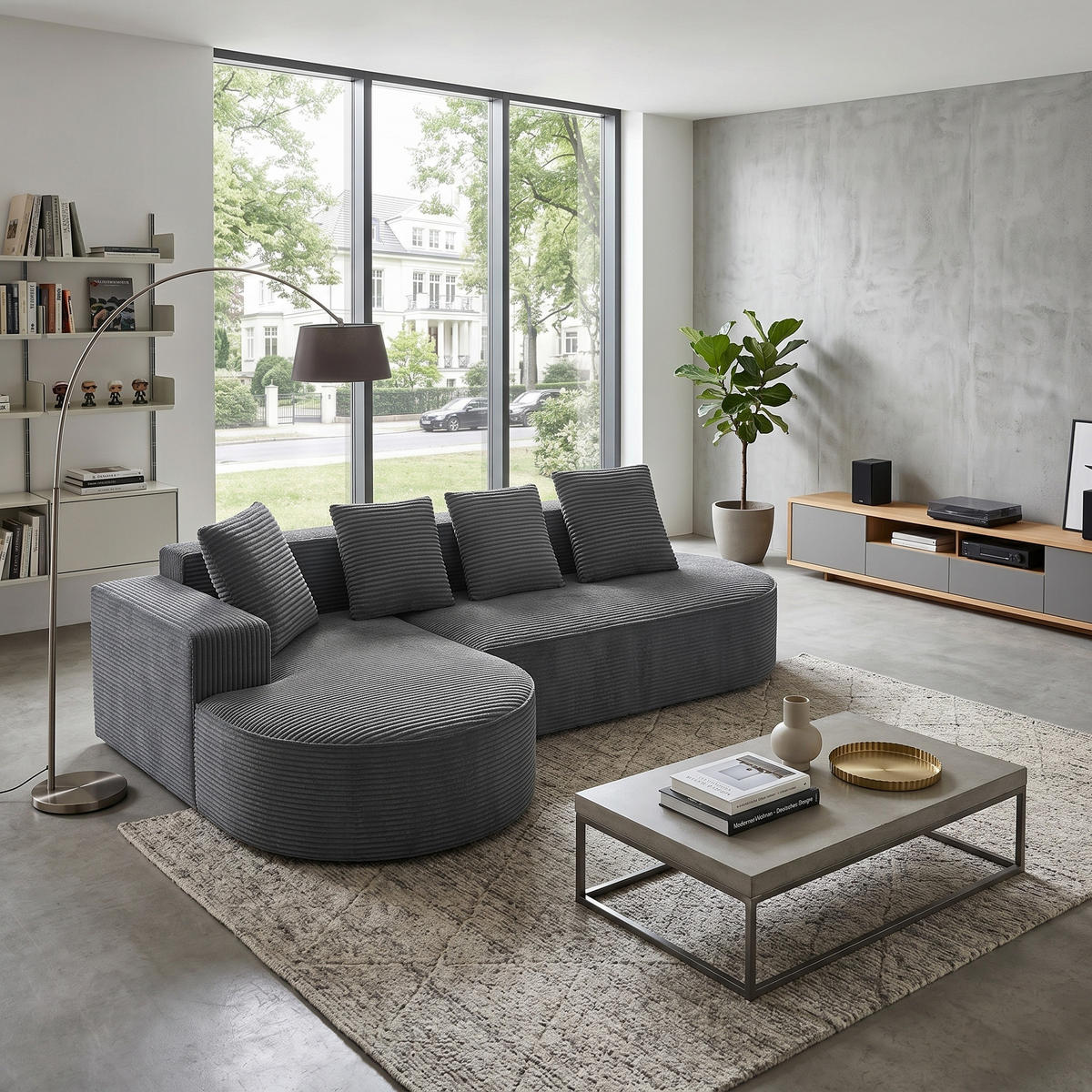 CANAPEA de colț din fleece granulat, design lounge fără ramă, nu necesită asamblare. - gri, material textil (265/67cm) - Urban Meuble