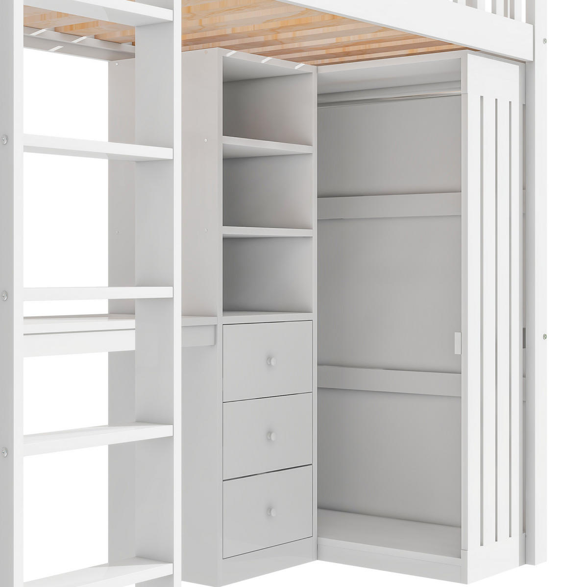 HOCHBETT 90/200 cm in Weiß mit Schreibtisch, Kleiderschrank und 3 Schubladen - Weiß, Holz (90/200cm) - Flora Grace