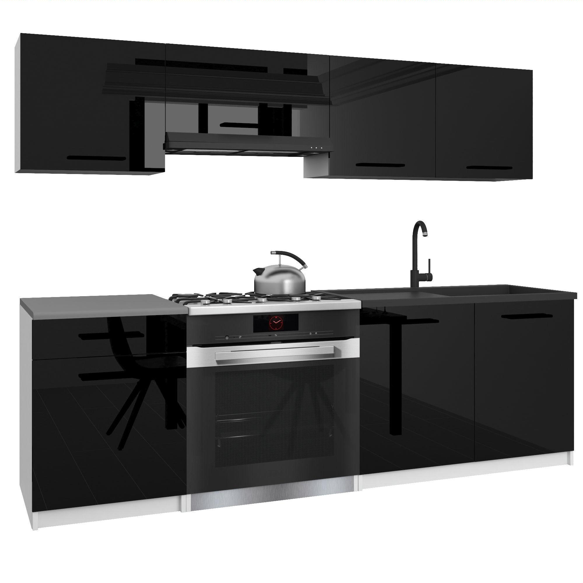 KÜCHENZEILE Italia 1 180 cm, mit Arbeitsplatten, Schwarz Hochglanz - Schwarz Hochglanz, Holz (180/143/60cm) - B BELINI GROUP
