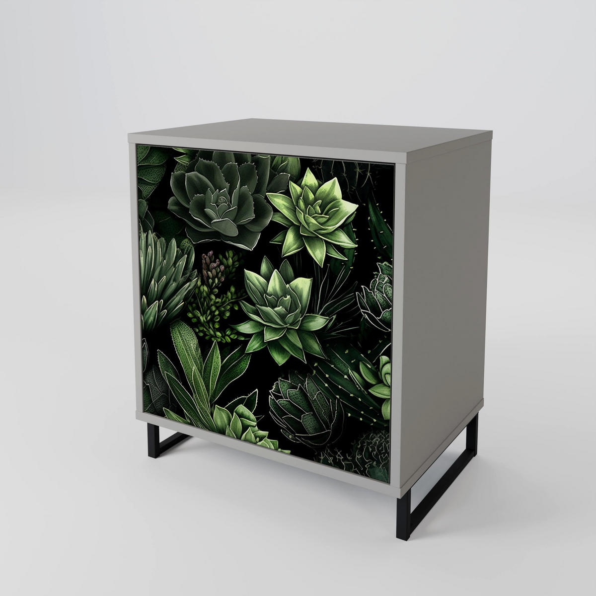 SIDEBOARD SUCCULENT JUNGLE, Grau, 57,5x42x72,5 cm, Schwarze Metallfüße - Multicolor/Schwarz, Holzwerkstoff/Metall (57.5/72.5/42cm) - SpaceRebels