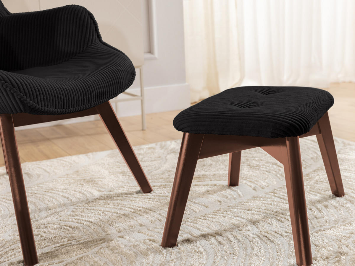LOUNGESESSEL mit Fußhocker Lenari Schwarz Cordstoff mit Füßen in Braun - Schwarz/Braun, Holz/Textil (71/96/86cm) - S-Style Möbel