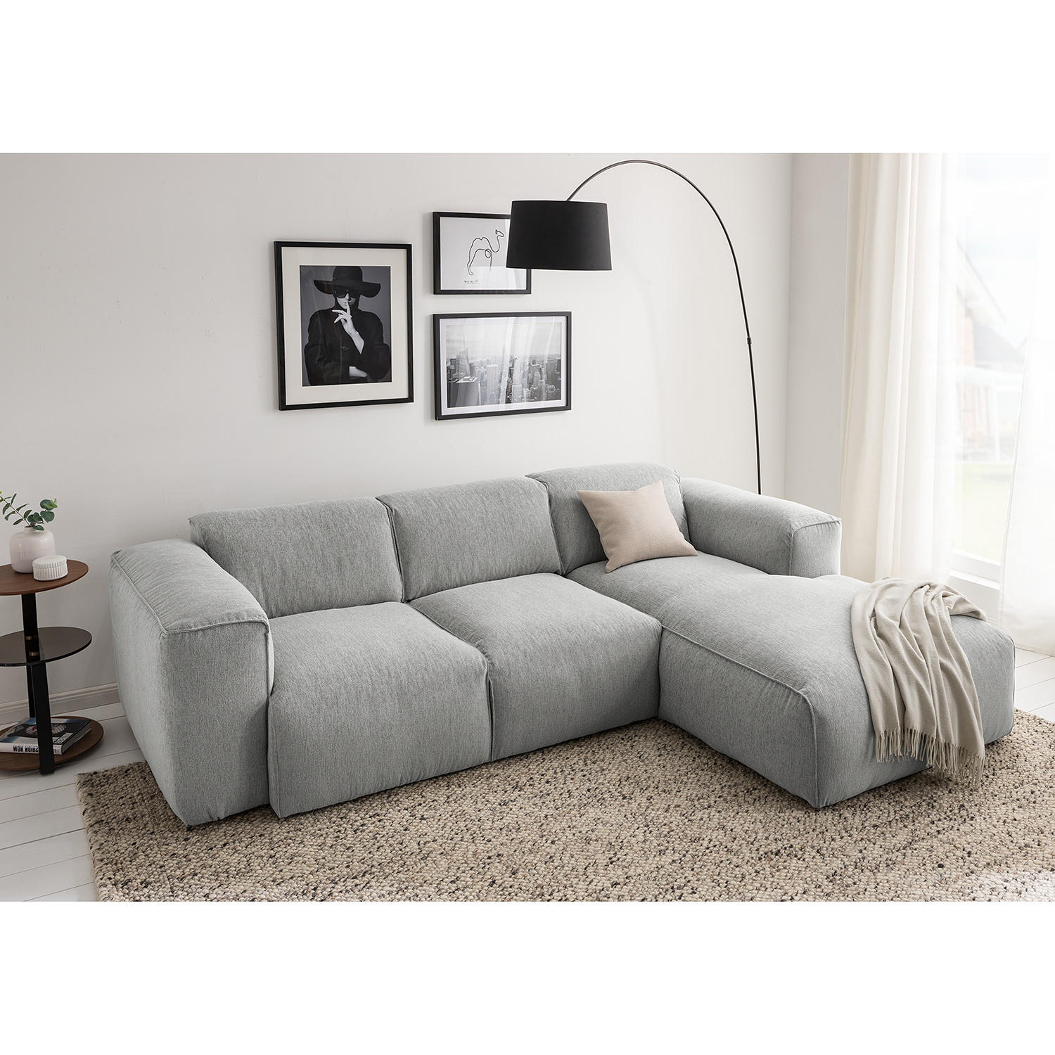 3-SITZER ECKSOFA mit Longchair - Hellgrau/Schwarz, Textil (251/173cm) - home24