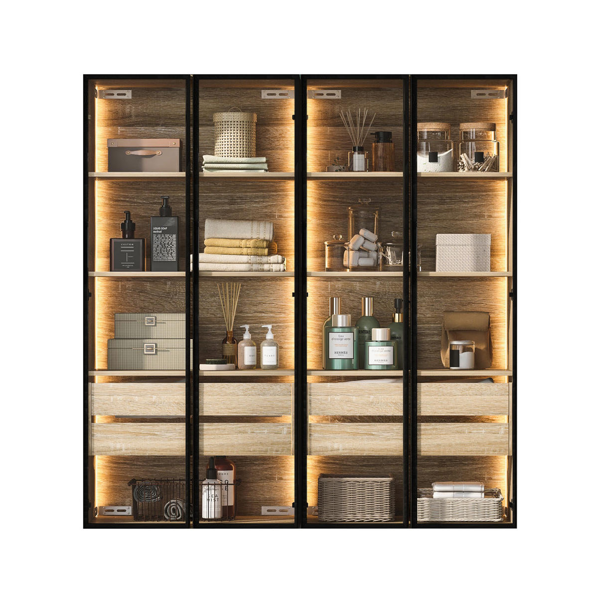 BADEZIMMERSCHRANK 74x36x155 cm Natural aus Spanplatte mit LED-Beleuchtung & Glasschranktüren - Naturfarben, Holzwerkstoff (74/155/36cm) - Modfu