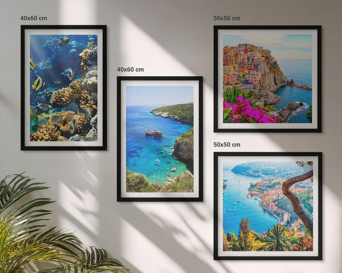 WANDBILDER 4er-Set - 50x50 cm & 40x60 cm Schwarzer Rahmen - Meerblick, farbenfrohe Häuser - Schwarz, Kunststoff (50/50cm) - ArtPrintCave