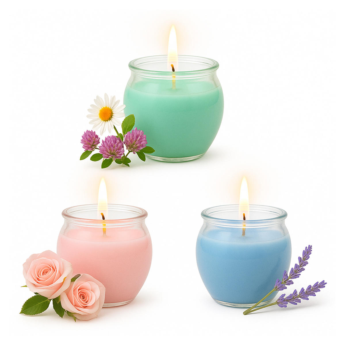 DUFTKERZEN "Romantic" Blume, Rose, Lavendel 3er-Set - Multicolor, Naturmaterialien (6cm) - HS Candle
