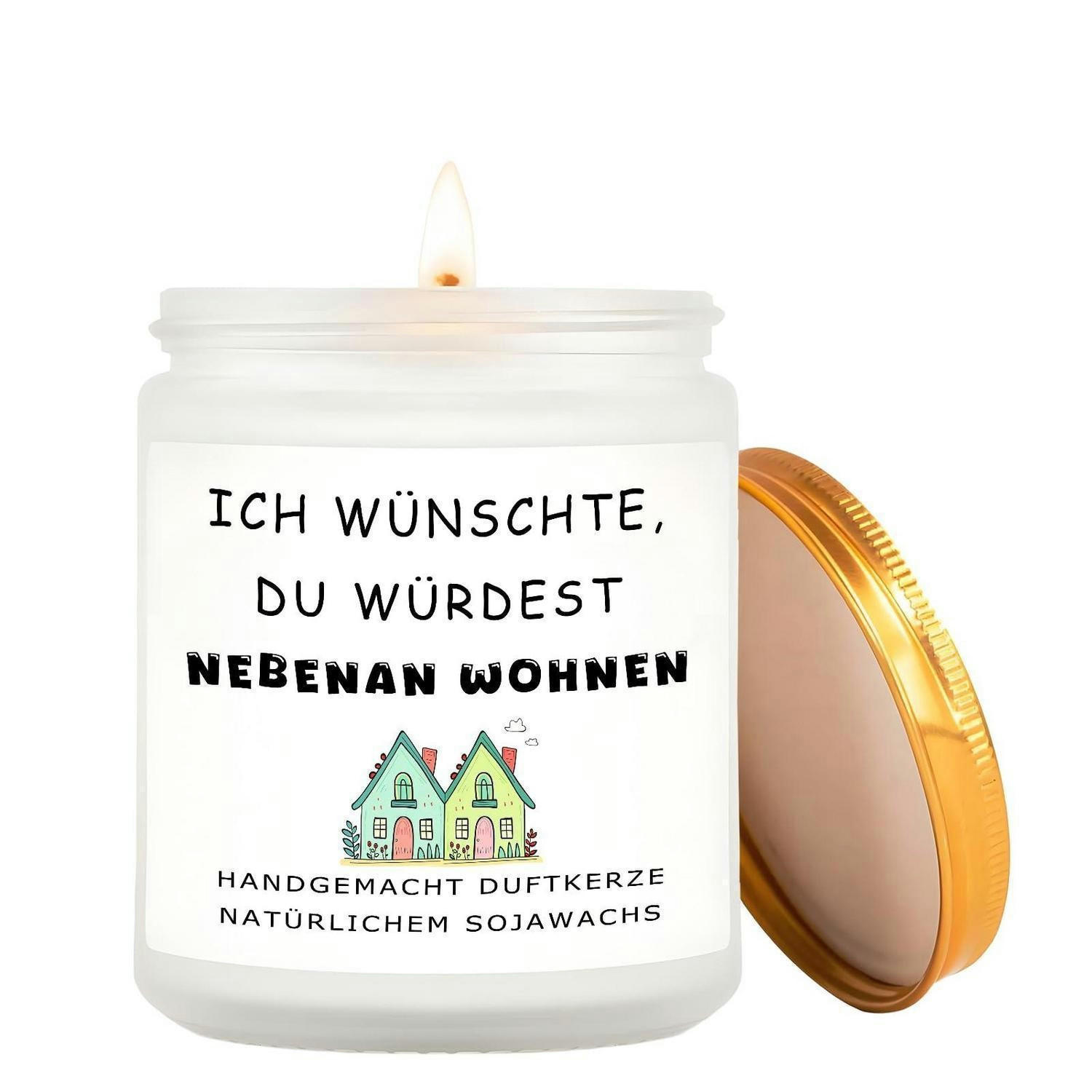 DUFTKERZE mit Spruch "Ich wünschte, du würdest nebenan wohnen" Lavendel 50 Stunden Brenndauer - Weiß, Paraffin (9.1cm)