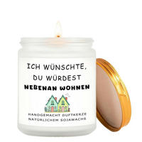 DUFTKERZE mit Spruch "Ich wünschte, du würdest nebenan wohnen" Lavendel 50 Stunden Brenndauer - Weiß, Paraffin (9.1cm)