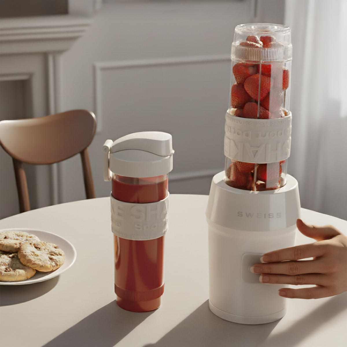 SMOOTHIE Maker MOOV8 Beige, 2 Trinkflaschen à 570 ml mit Reisedeckeln, 4 Edelstahlklingen, 300 W - Beige, Metall (11.3/35/15cm) - SWEISS