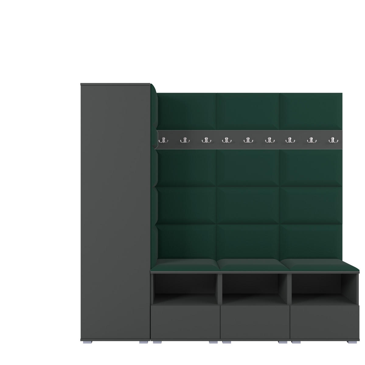 GARDEROBE NELA IX 200 cm (Modulare Flurmöbel Graphit mit Sitzpolster Flaschengrün 28 Breite Sitzbank) - Dunkelgrün/Silberfarben, Holz/Holzwerkstoff (200/187/40cm) - Ravio