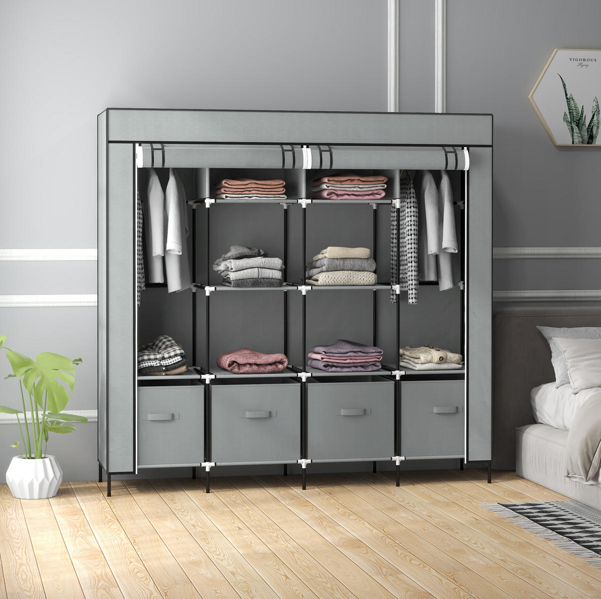 KLEIDERSCHRANK aus Stahl 166x42,5x169,5 cm Dunkelgrau mit 2 Kleiderstangen, 10 Fächern und 4 Stoffschubladen - Dunkelgrau, Metall (166/169.5/42.5cm) - Modfu