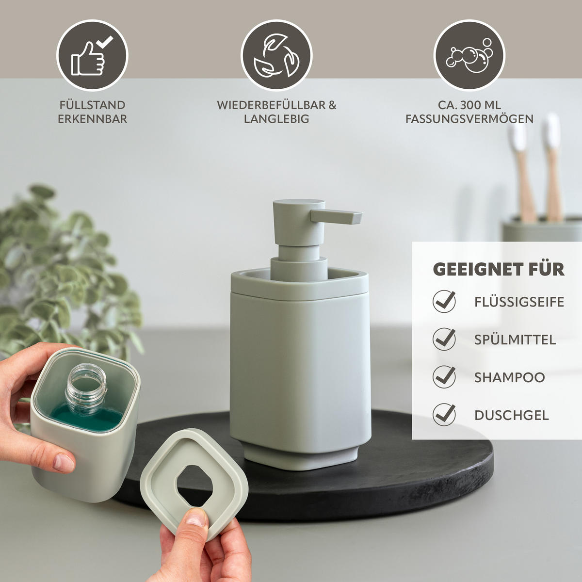 BAD-ACCESSOIRES-SET VALONA, Soft-Touch, Salbei - Salbeigrün, Kunststoff (18/2.5/9.5cm) - eluno