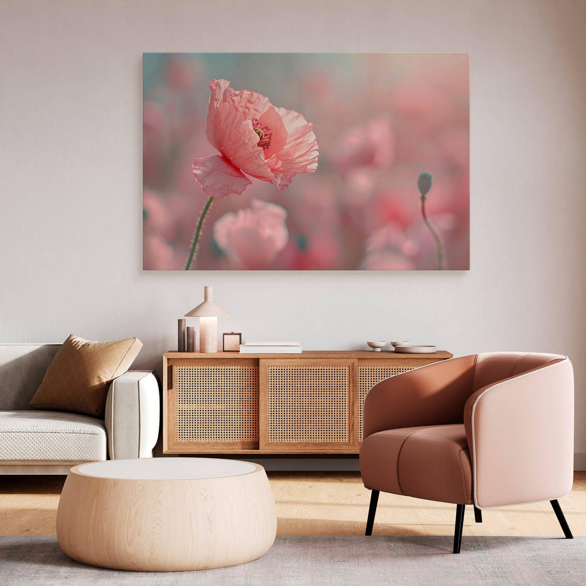 LEINWANDBILD für Wohnzimmer Mohnblumen Pflanzen Natur 120cm x 80cm - Blau/Rosa, Textil (120/80cm) - Muralo